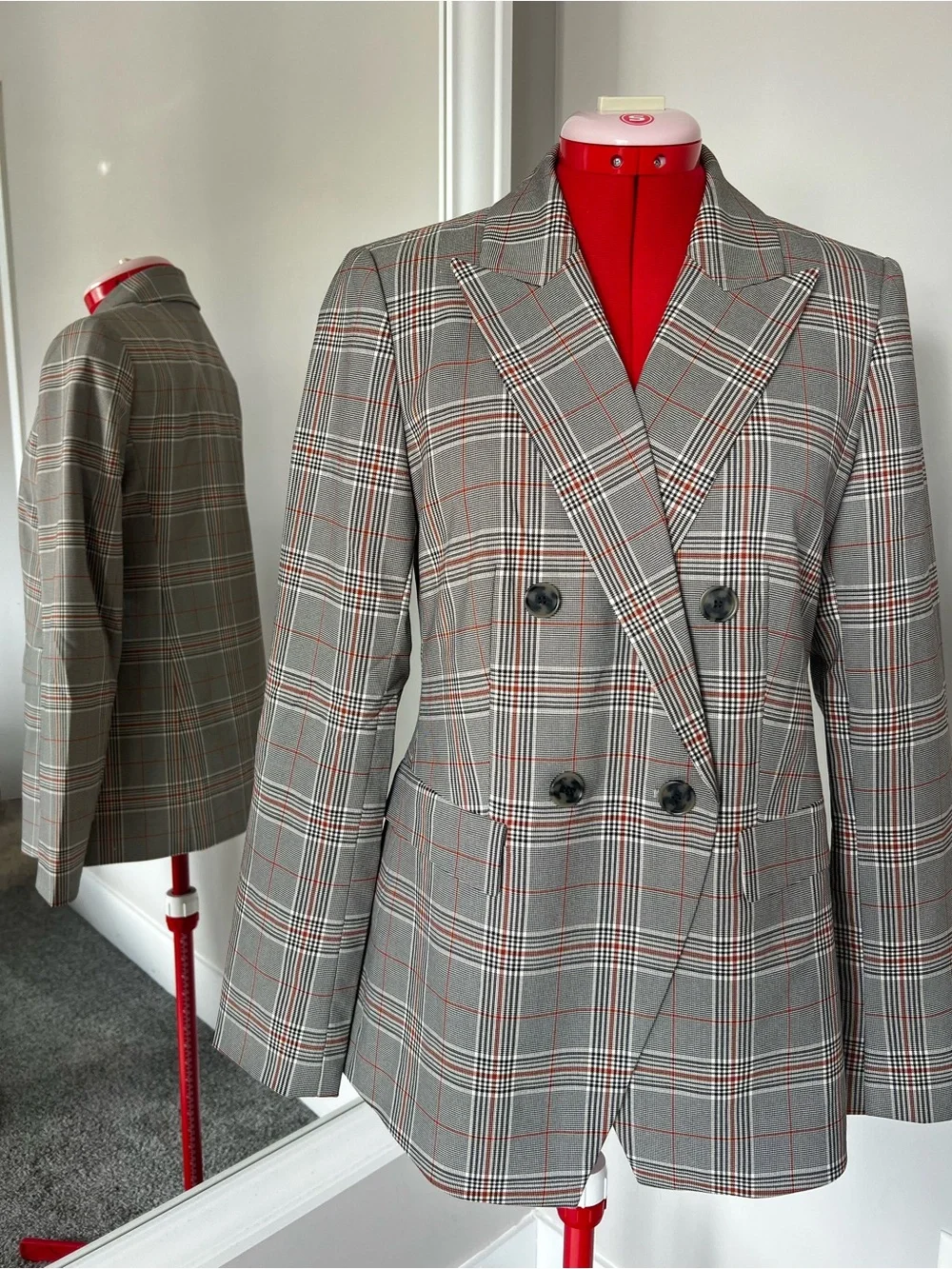J. Crew Double-Breasted Plaid Blazer in Grey with Red Accents